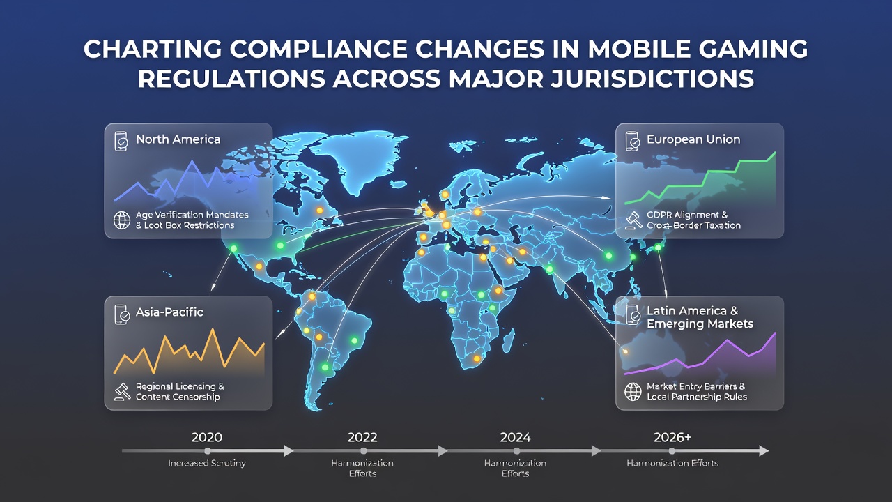 Overview of global mobile gaming regulatory landscape showing maps and compliance icons