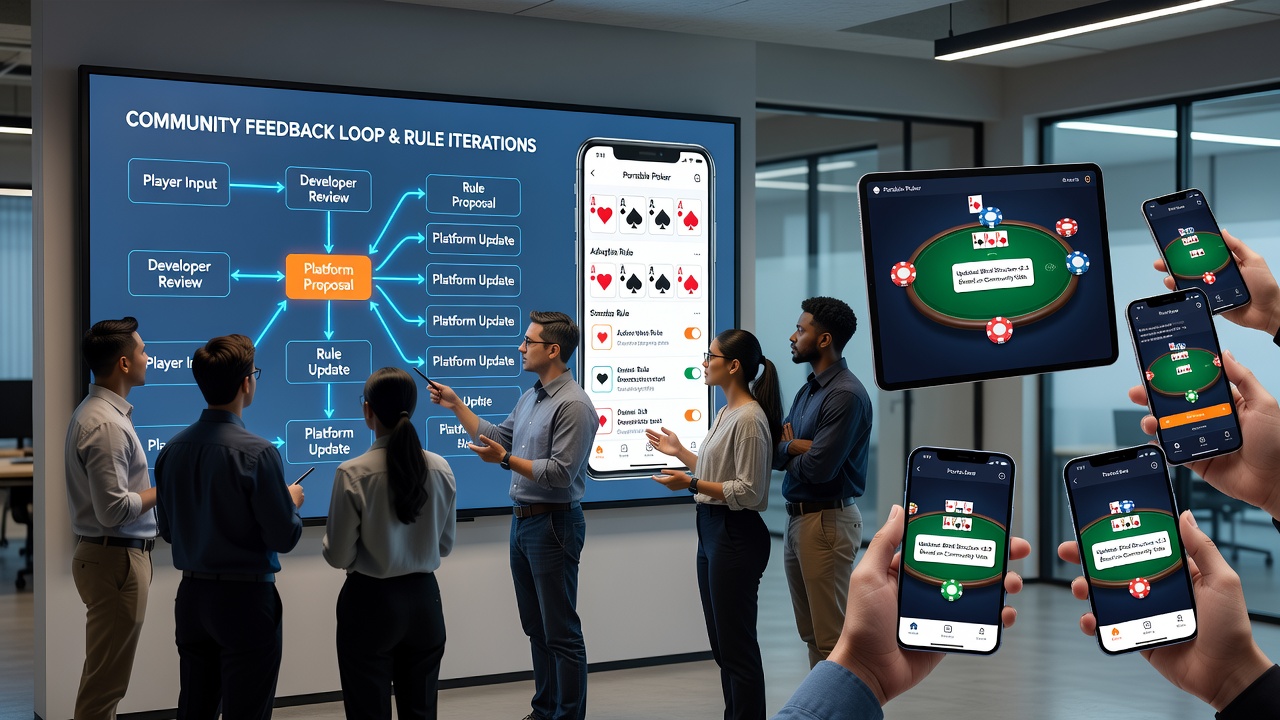 Developer teams collaborating on portable poker platform updates and community feedback sessions