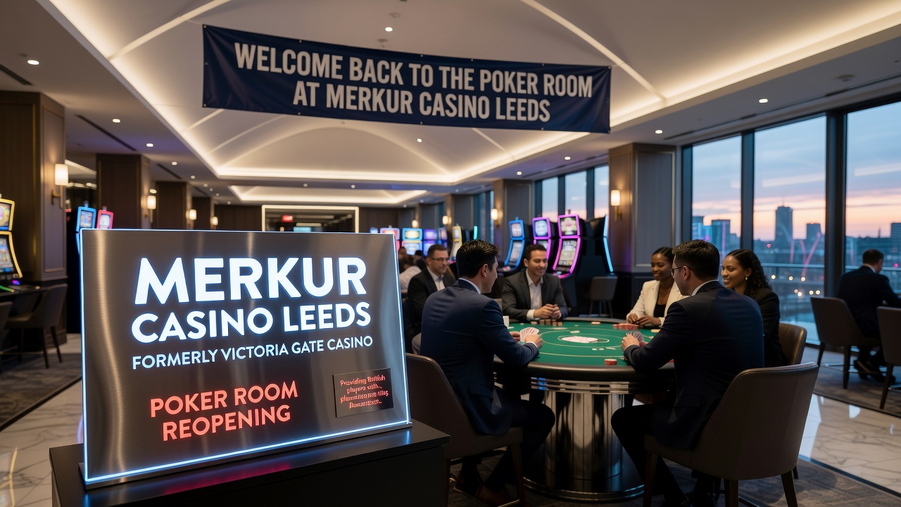 Interior poker room setup with multiple tables, dealer stations, and seating arrangements