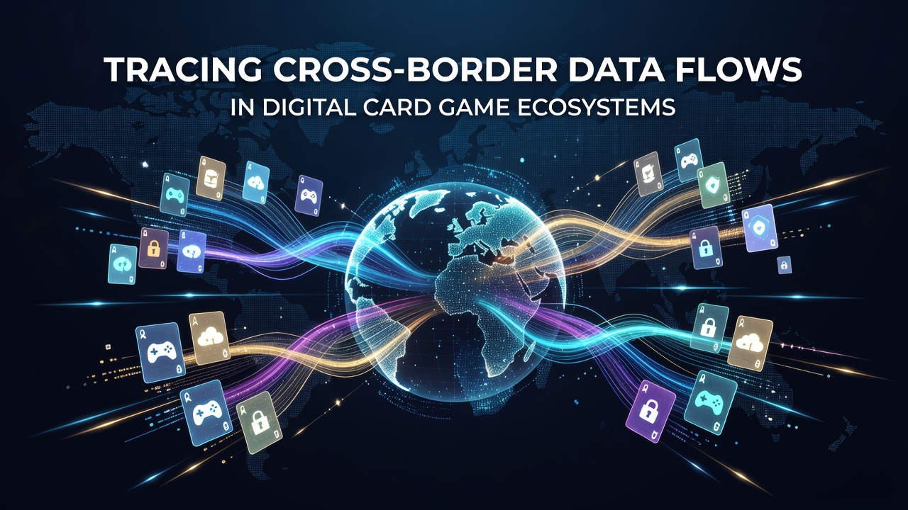 Visualization of cross-border data flows in digital card game platforms showing server locations and player connections across continents